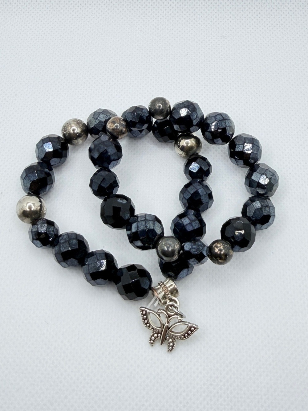 Handmade Blue Faceted Bead Bracelet Set with Butterfly Charm